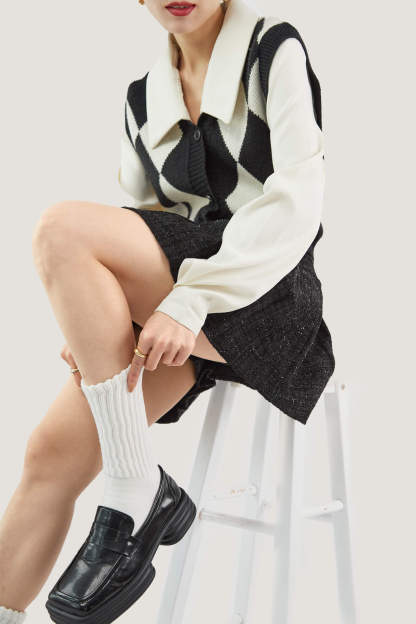 Black Diamond Layered Knit Cardigan Attached Vest
