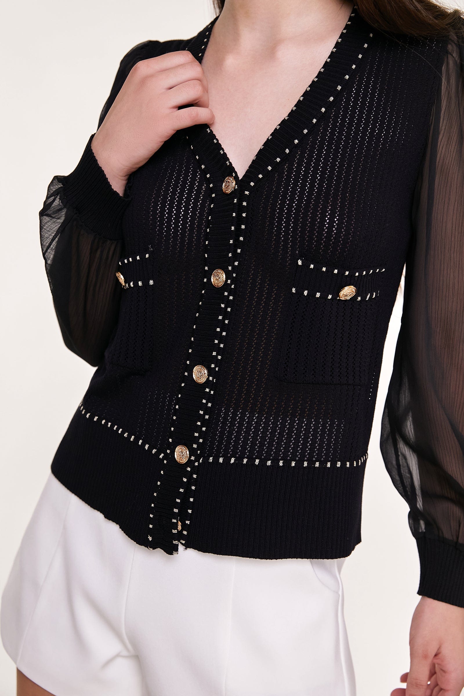 Black Sheer Long Sleeve Pointelle-Knit Cardigan With Gold Buttons