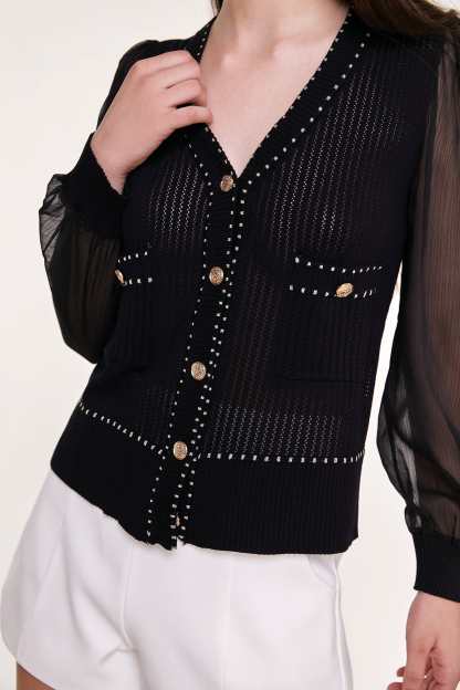 Black Sheer Long Sleeve Pointelle-Knit Cardigan With Gold Buttons