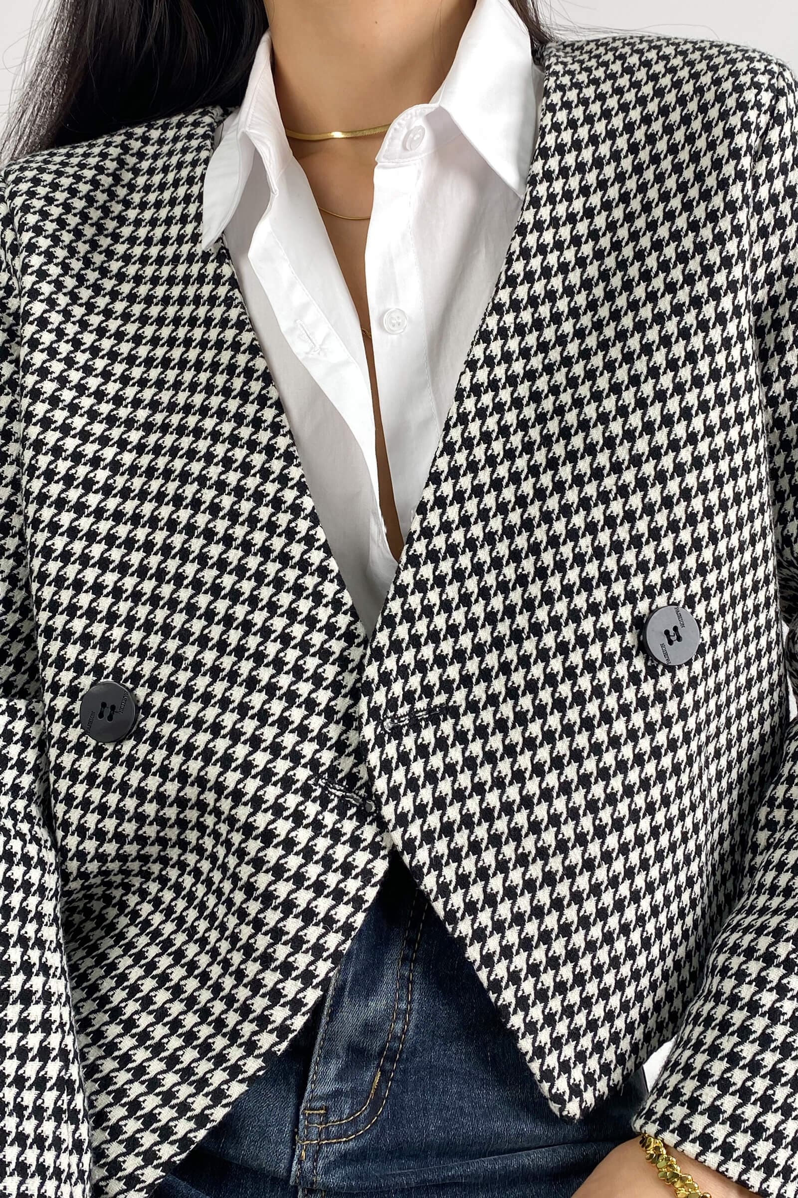 Black Houndstooth V-Neck Double-Breasted Jacket