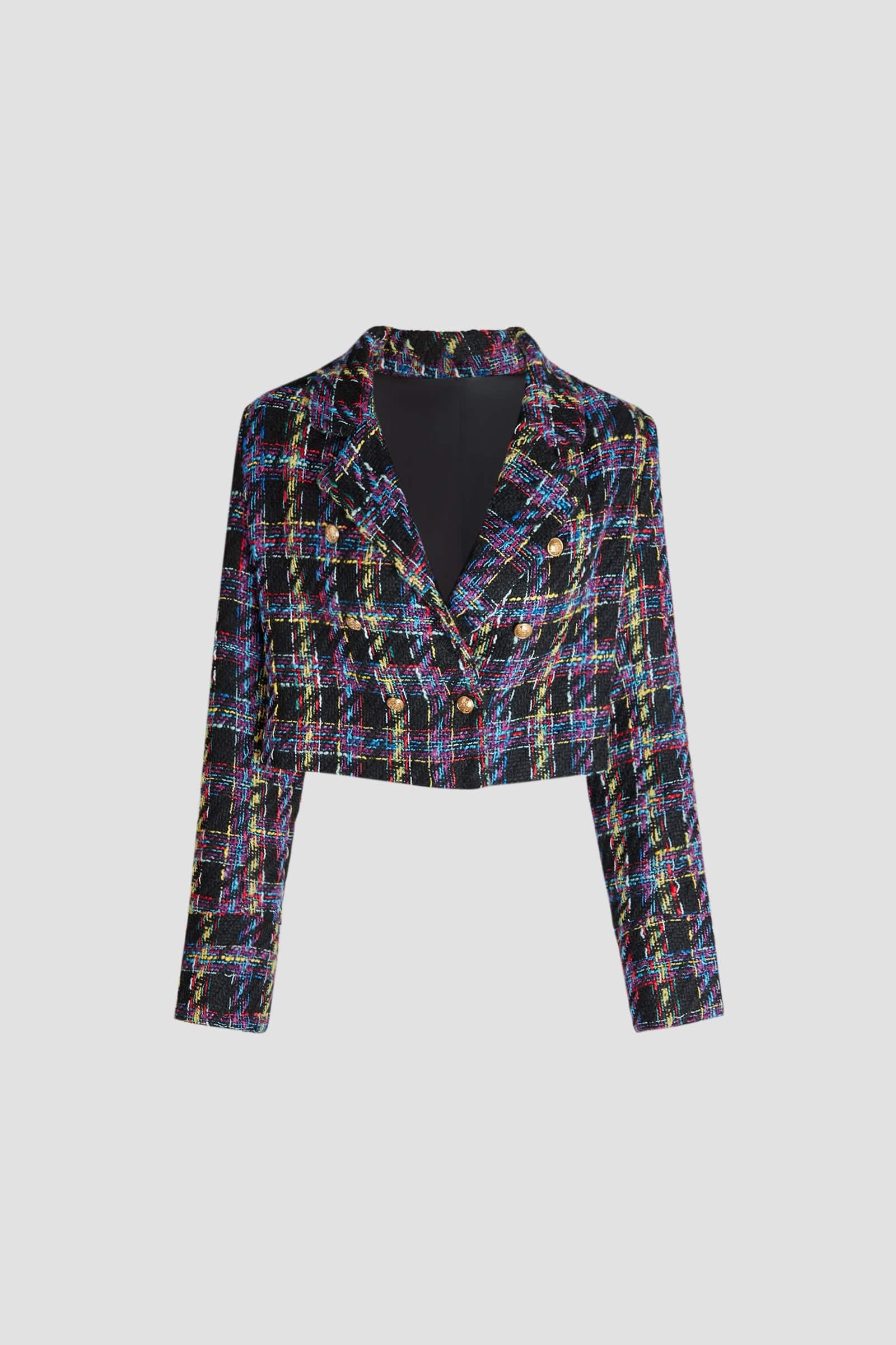 Multicolor Plaid Double-Breasted Cropped Tweed Blazer