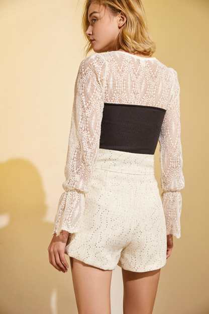 Black Ribbed Lace Long Sleeve Blouse
