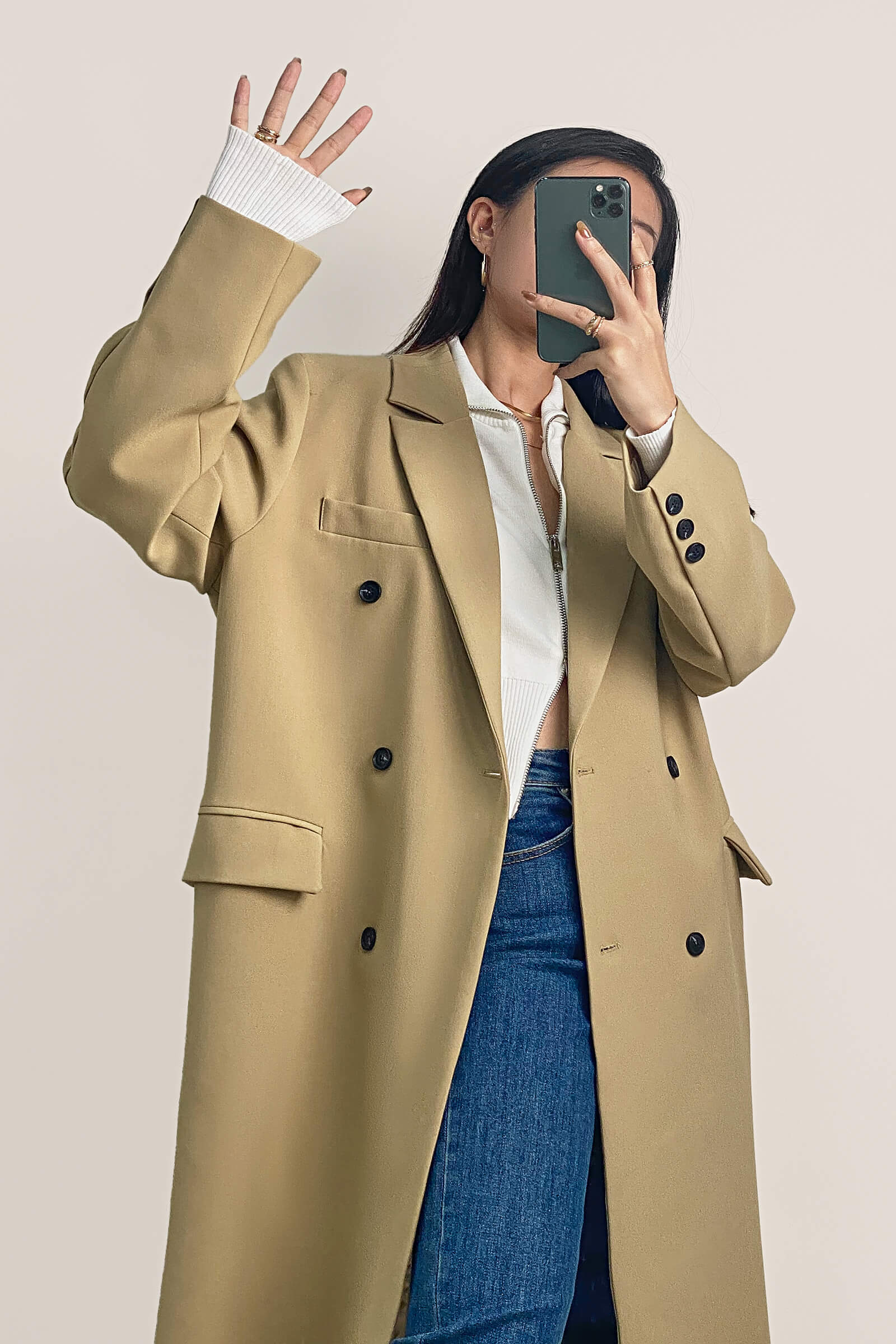 Khaki Padded Shoulder Double-Breasted Longline Coat