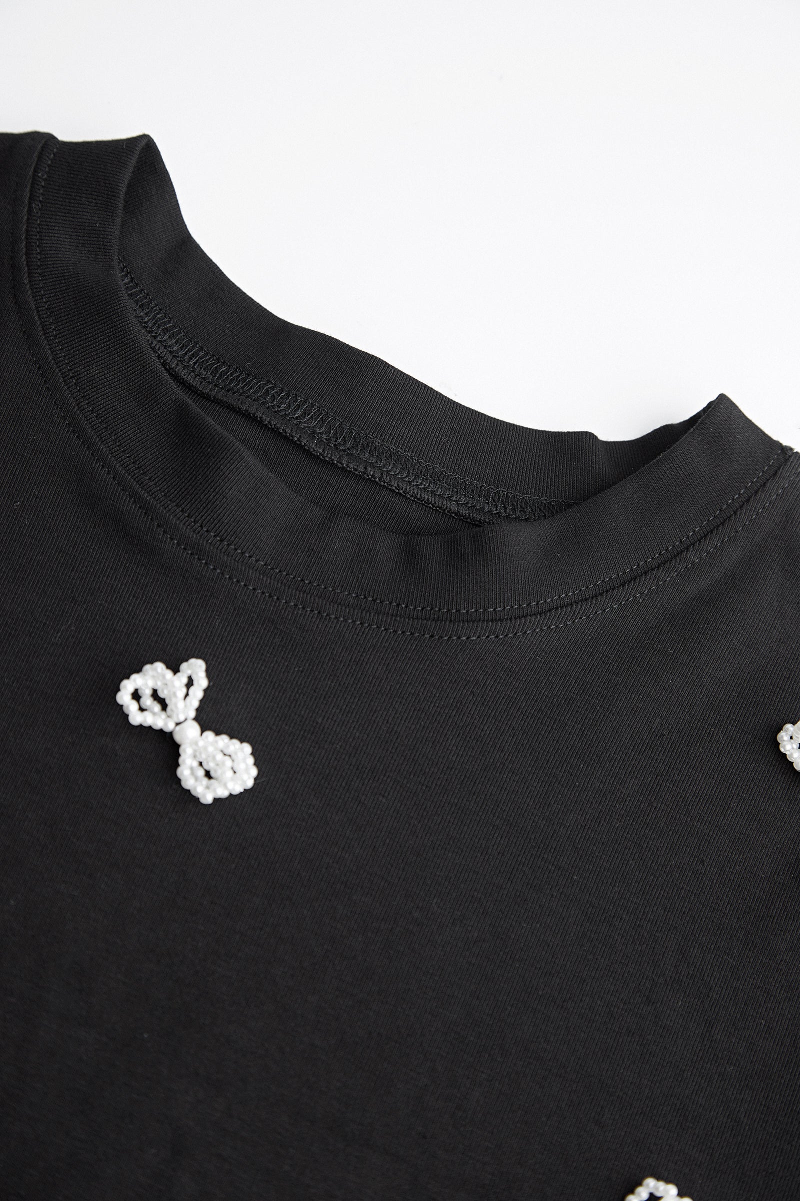 Black Faux-Pearl Bow Embellished Cotton Blouse