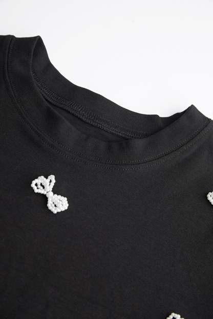 Black Faux-Pearl Bow Embellished Cotton Blouse