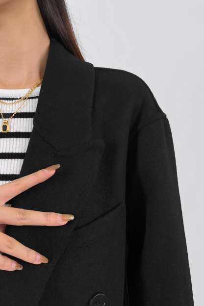 Black Premium Wool Double-Breasted Longline Coat