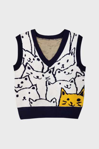 Midnight Blue Cat Print Knitted Vest