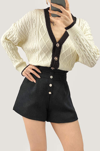 Beige Contrast V-Neck Knitted Cardigan