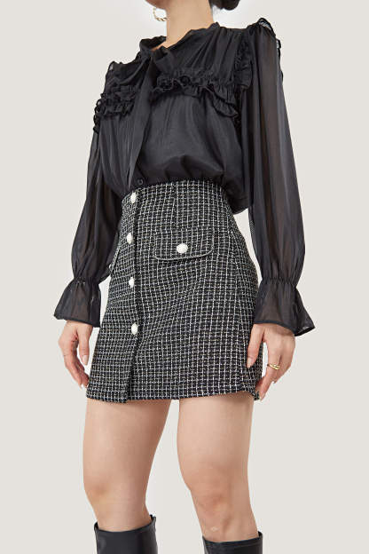 Tie-Neck Ruffle Pleated  Blouse