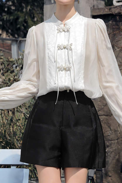 Beige Chinese Splice Buckle Shirt