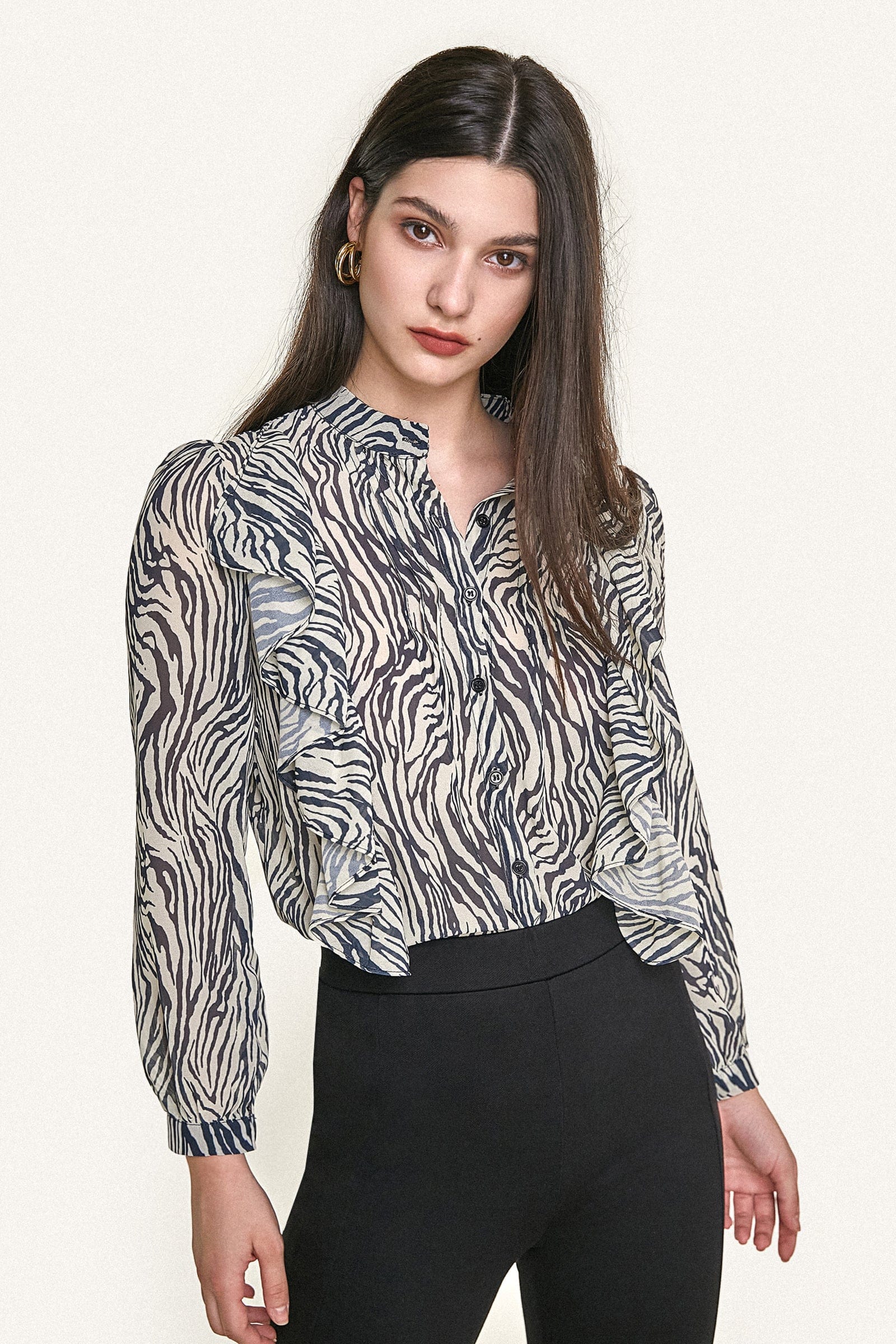 Black Zebra Print Ruffle Trim Button-Up Chiffon Work Shirt
