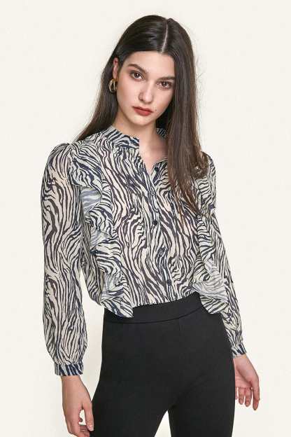 Black Zebra Print Ruffle Trim Button-Up Chiffon Work Shirt