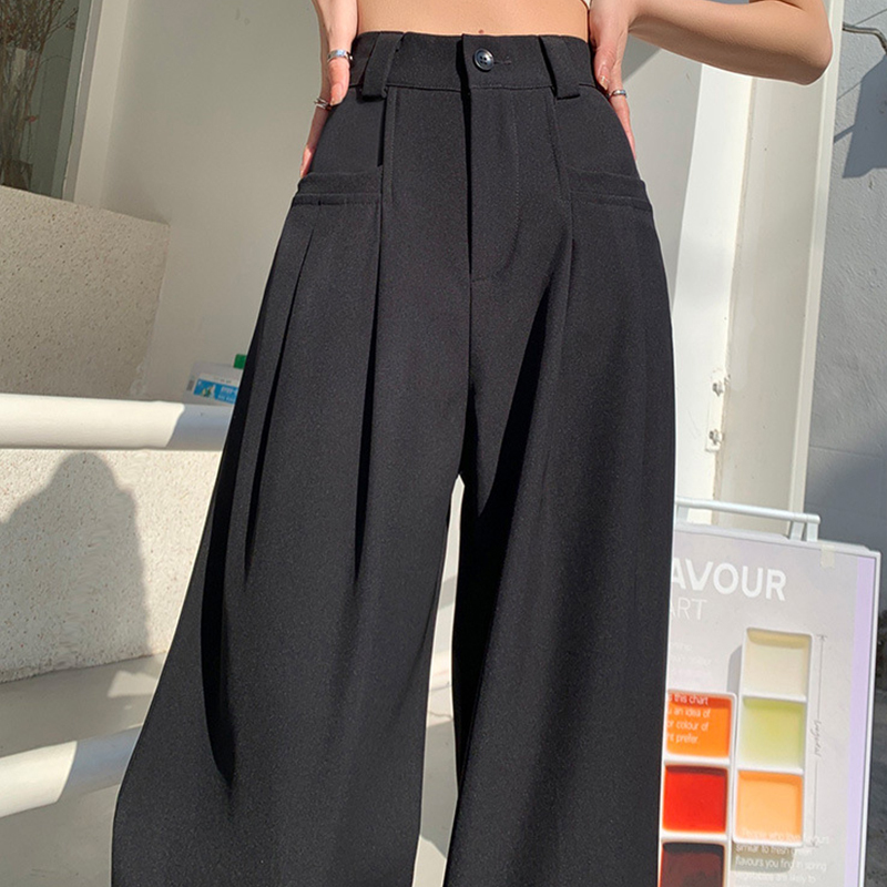 Black Wide-Leg Slip Pocket Straight Suit Pants