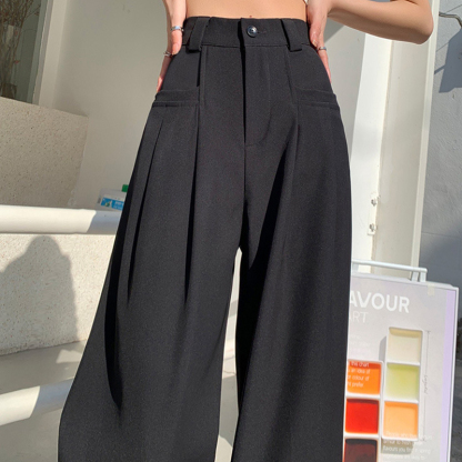 Black Wide-Leg Slip Pocket Straight Suit Pants