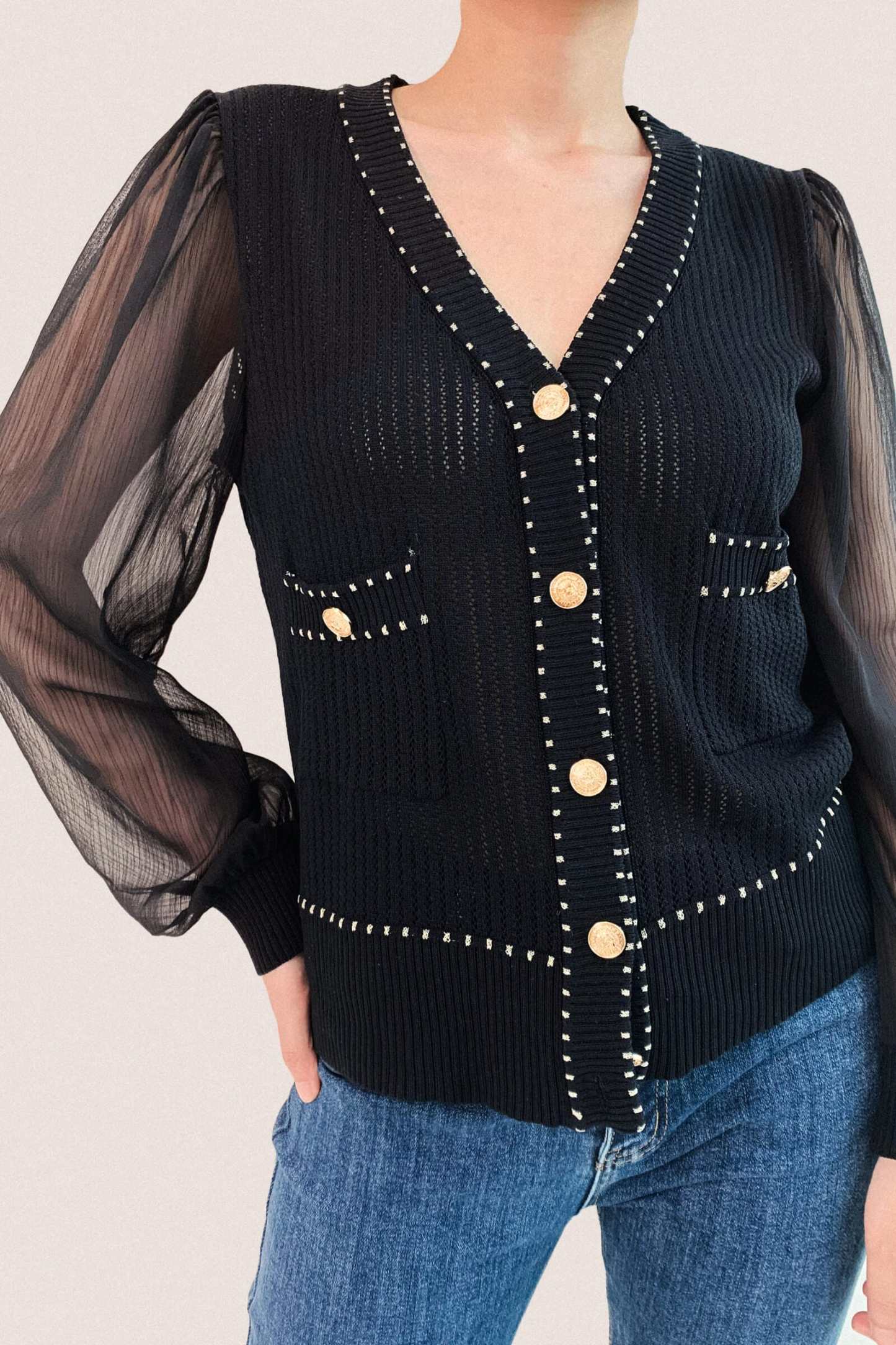 Black Sheer Long Sleeve Pointelle-Knit Cardigan With Gold Buttons