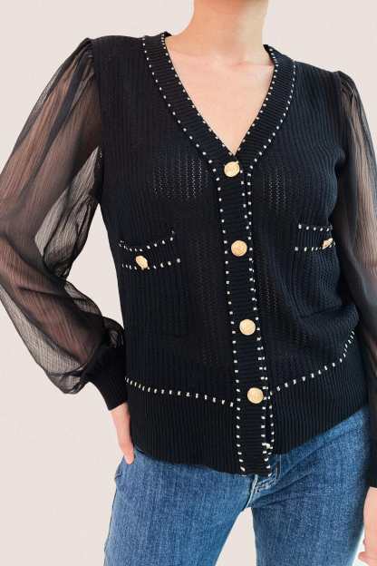 Black Sheer Long Sleeve Pointelle-Knit Cardigan With Gold Buttons