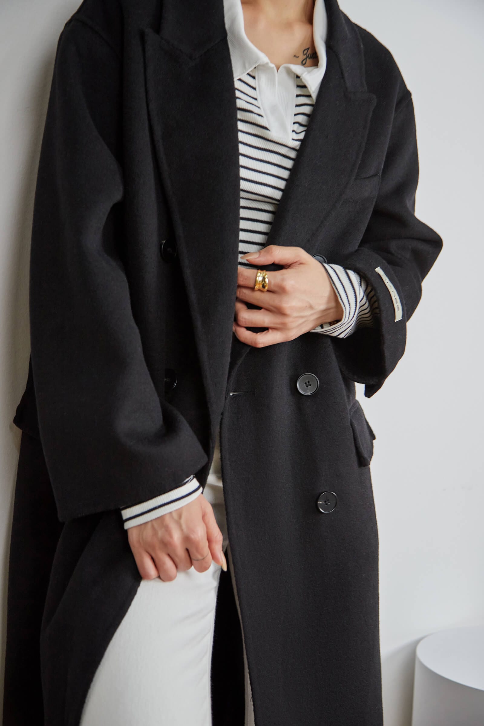 Black Premium Wool Double-Breasted Longline Coat