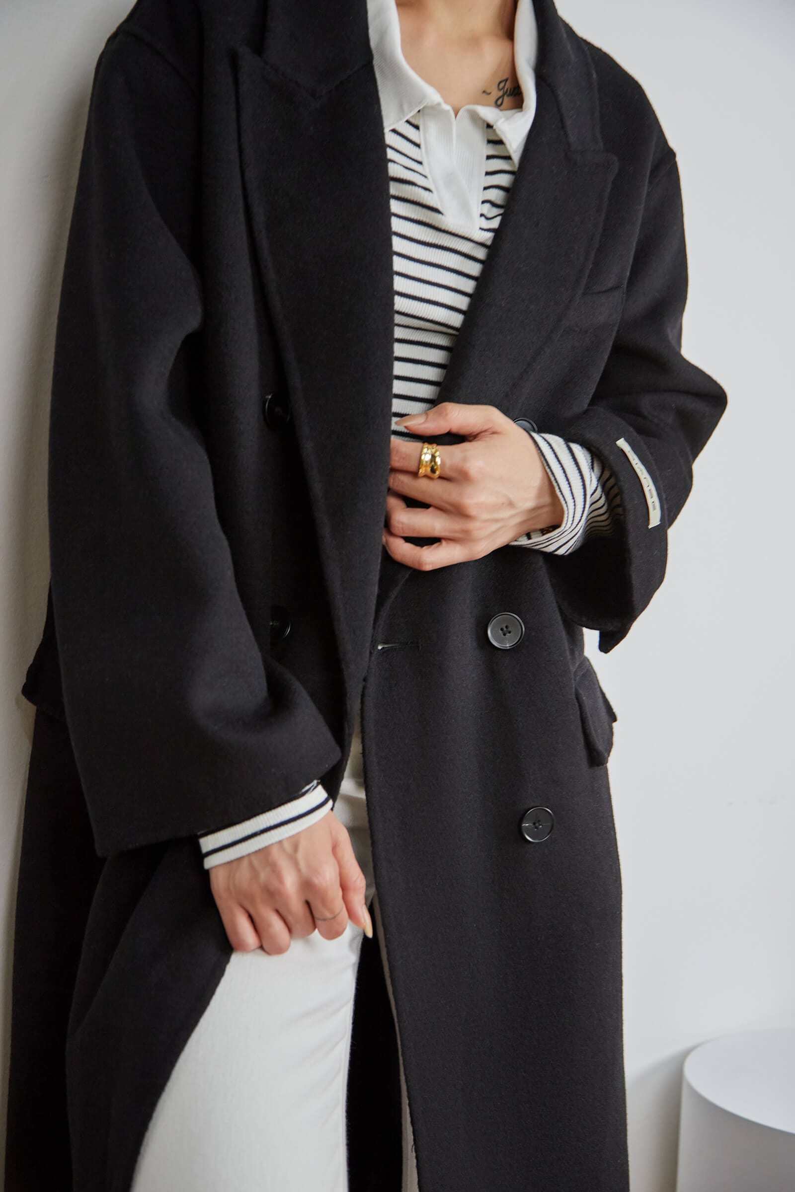 Black Premium Wool Double-Breasted Longline Coat