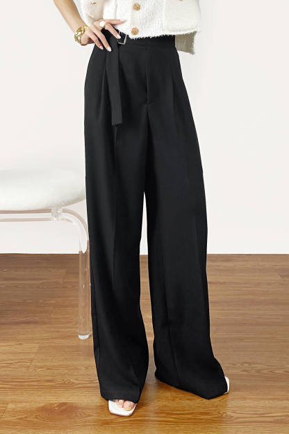Black Buckle Strap Detail Pleated Front Wide Leg Pants