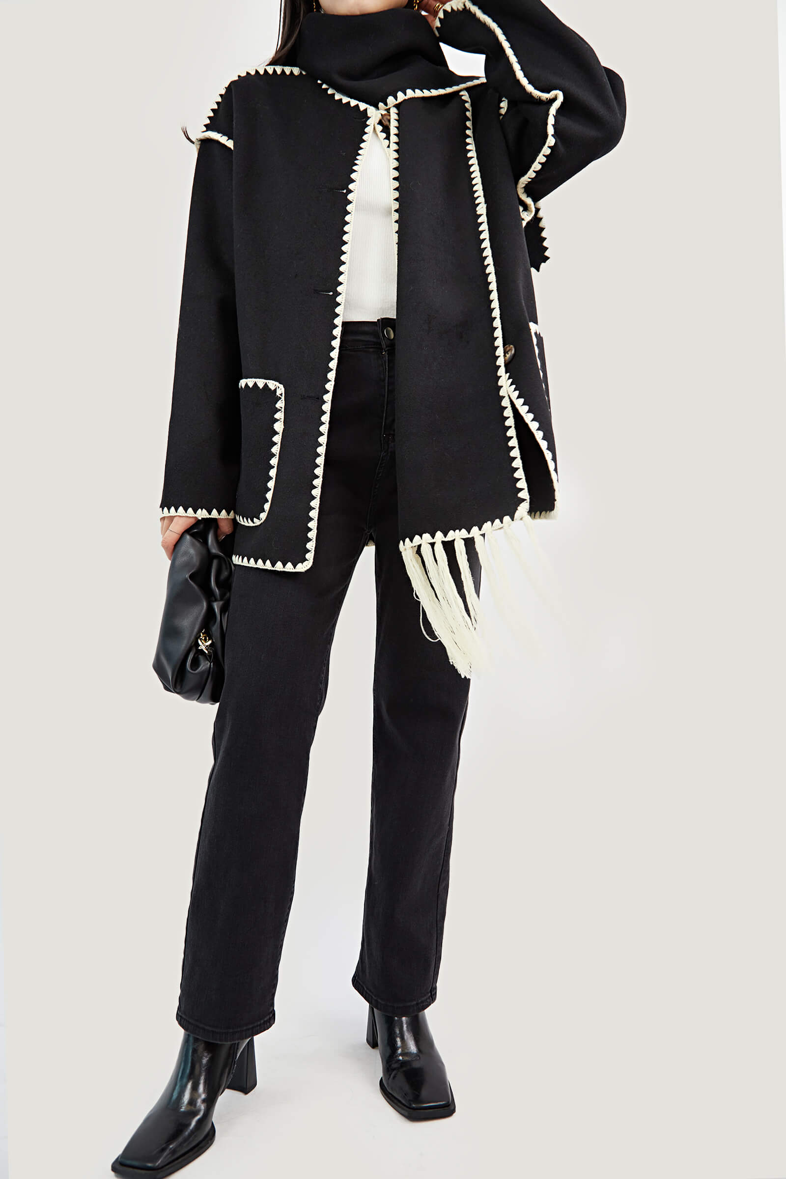 Black Contrast Drop Shoulder Wool-Blend Tweed Coat with Scarf