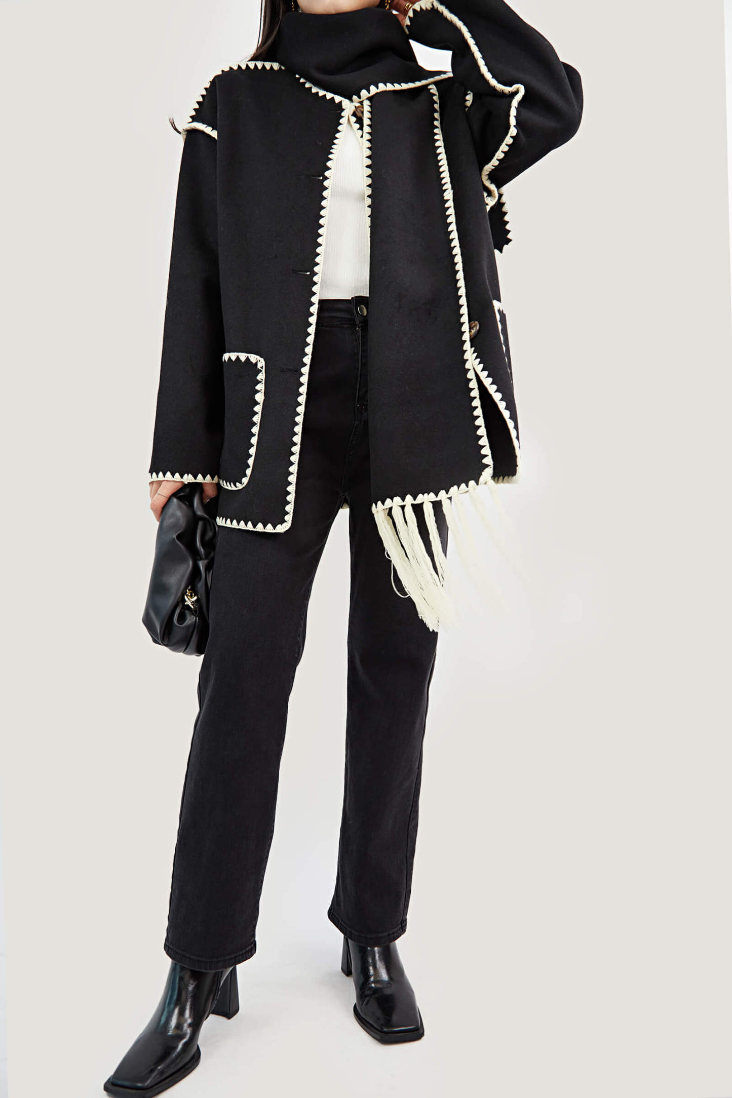 Black Contrast Drop Shoulder Wool-Blend Tweed Coat with Scarf