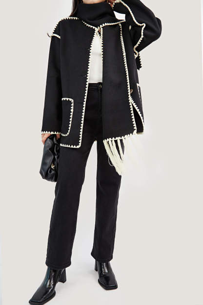 Black Contrast Drop Shoulder Wool-Blend Tweed Coat with Scarf