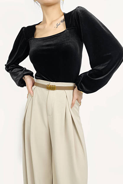 Black Velvet Balloon Sleeve Square Neck Blouse