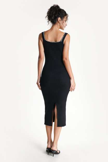 Black Faux-Pearl Trim Sweetheart Neck Knit Bodycon Midi Dress