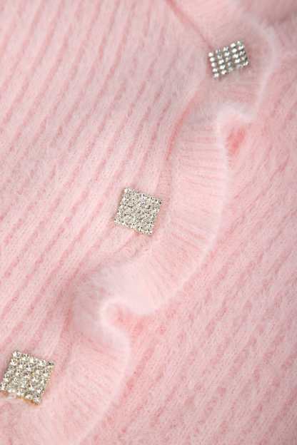 Pink Ruffle Trim Ribbed Knit Fitted Cardigan