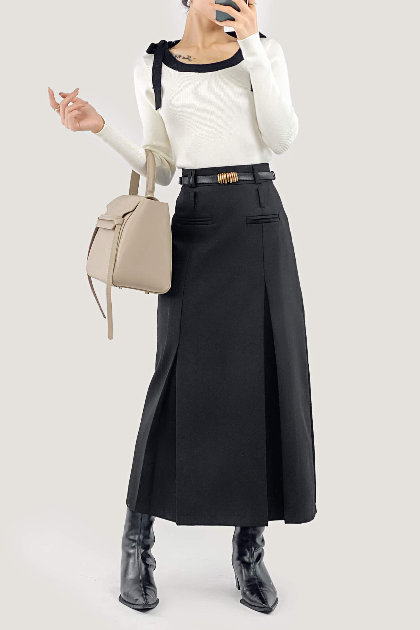 Beige Square Neck Tie Detail Sweater