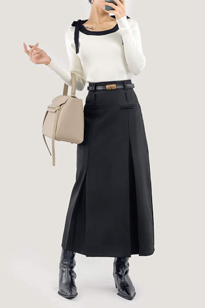 Beige Square Neck Tie Detail Sweater