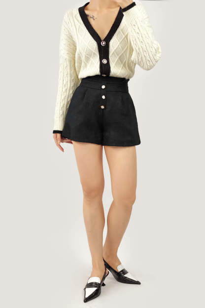 Beige Contrast V-Neck Knitted Cardigan