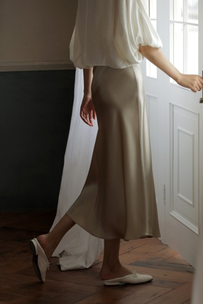 Beige Satin High-Rise A-Line Midi Skirt