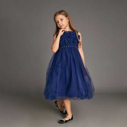 Kids Girls Midnight Blue Strapless Ruffled Pearl-Embellished Tulle Maxi Party Dress