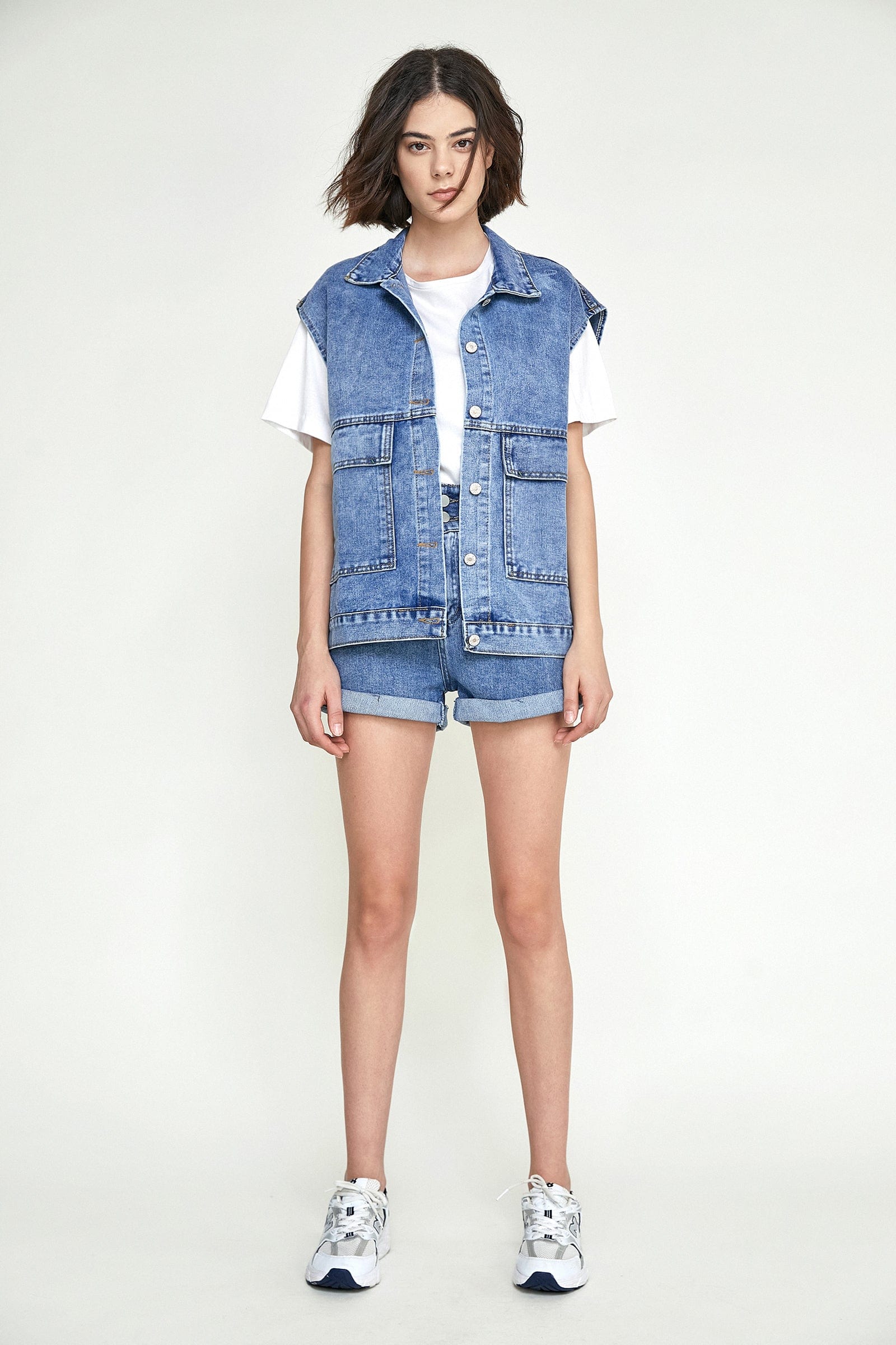 Steel Blue Collared Flap Pocket Button Front Denim Vest