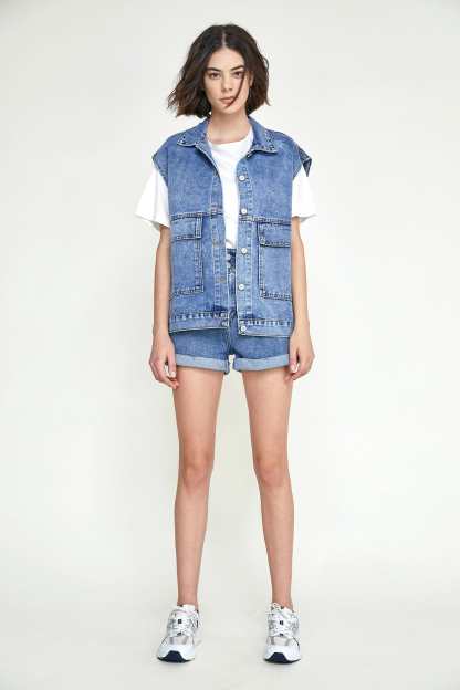 Steel Blue Collared Flap Pocket Button Front Denim Vest