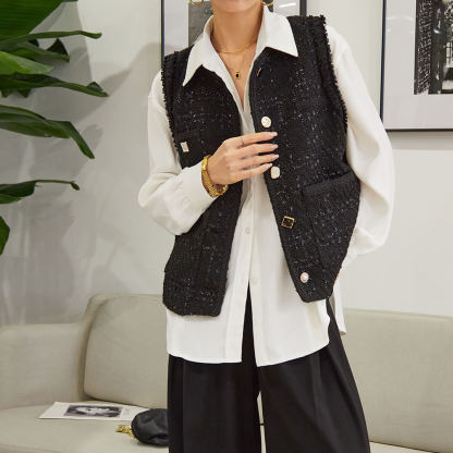 Black Crew Neck Frayed Trim Button-Up  Tweed Vest
