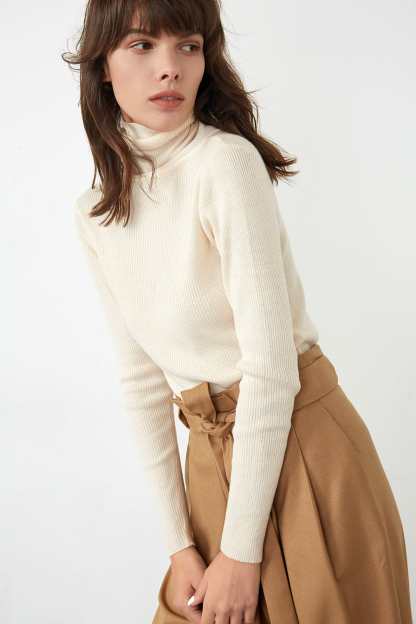 Solid Beige Premium Wool Turtleneck Sweater