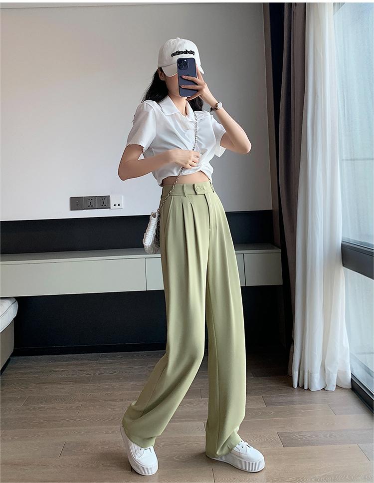Green Business Casual Double Buckle Wideleg Suit PantsJ.ING