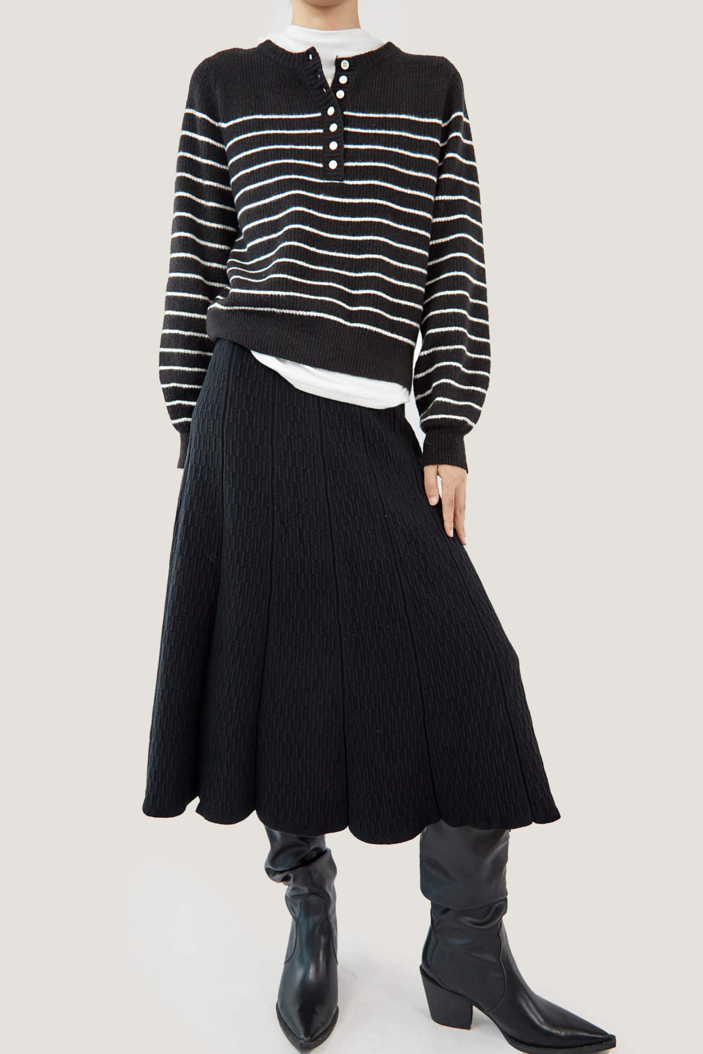 Black Wool-Blend Half-Button Striped Sweater