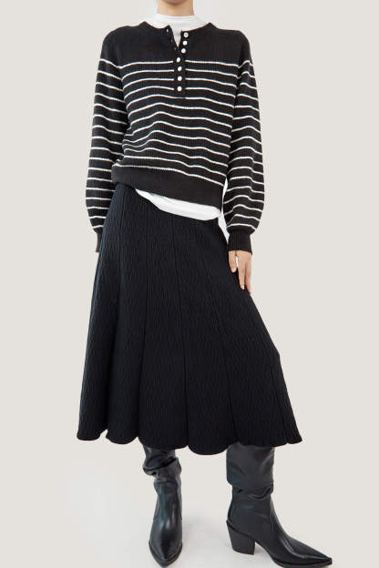 Black Wool-Blend Half-Button Striped Sweater