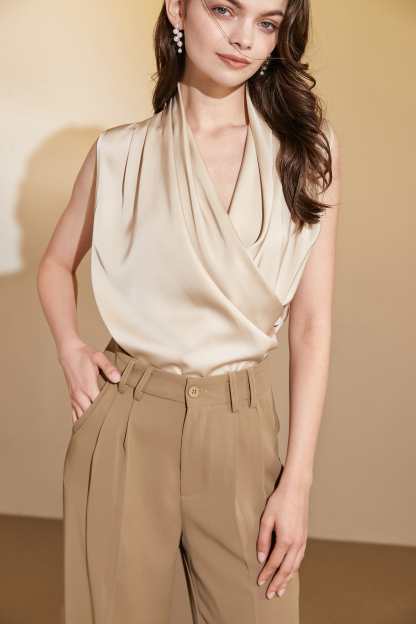 Antique White Satin Sleeveless Blouse
