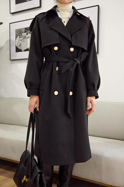 Black Double-Breasted Belted Lapel Collar Longline Coat