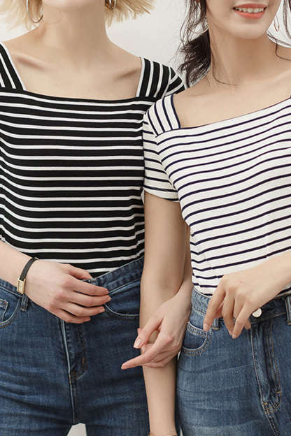 White Striped Square Neck T-Shirt