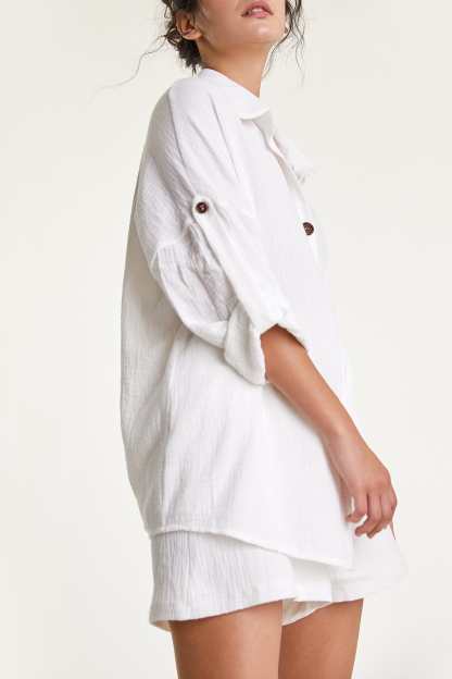 White Cotton Button-Up Shirt & Shorts Two-Piece Set