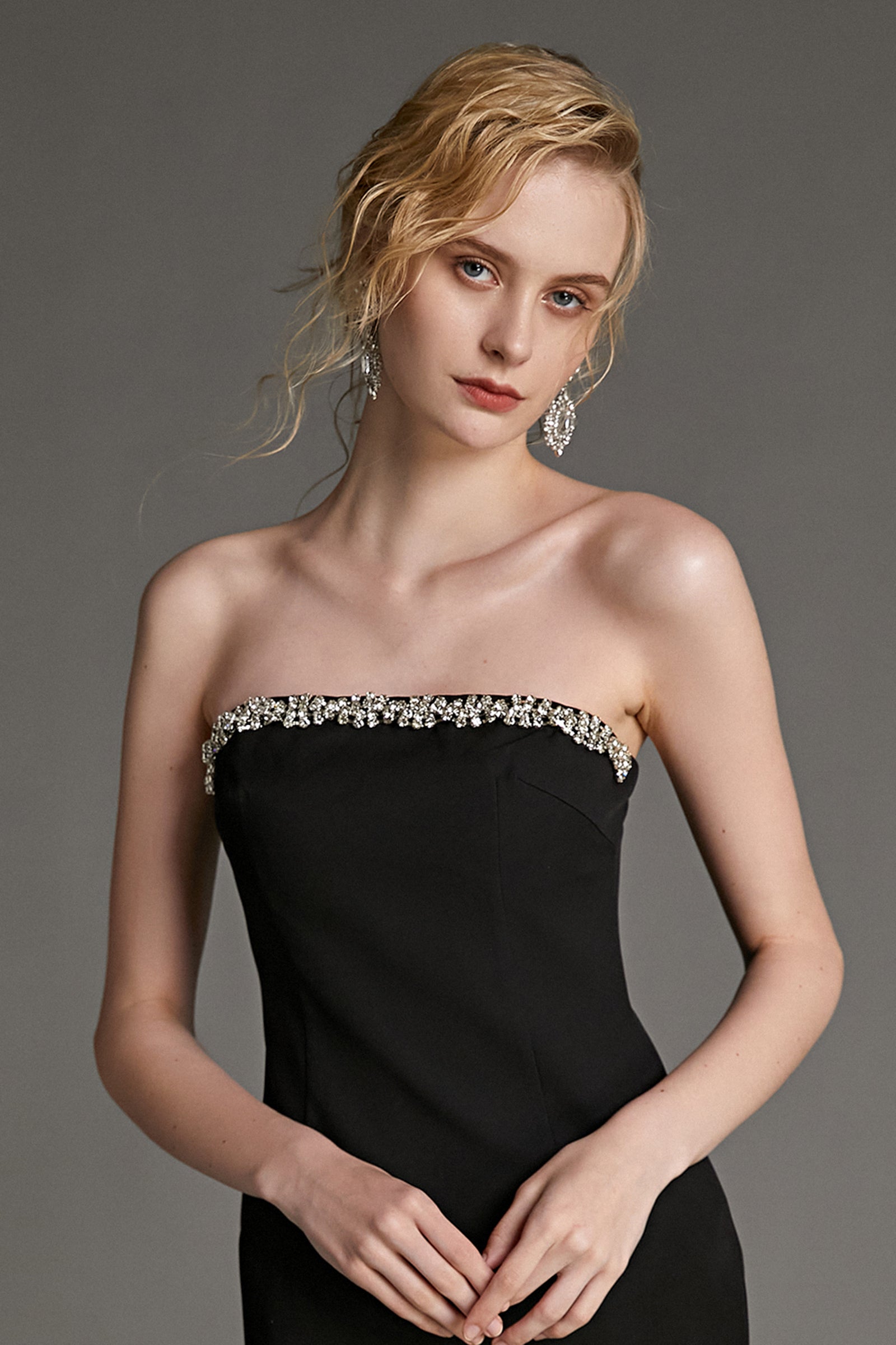 Black Rhinestone Trim Strapless Midi Dress