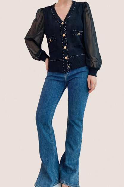 Black Sheer Long Sleeve Pointelle-Knit Cardigan With Gold Buttons