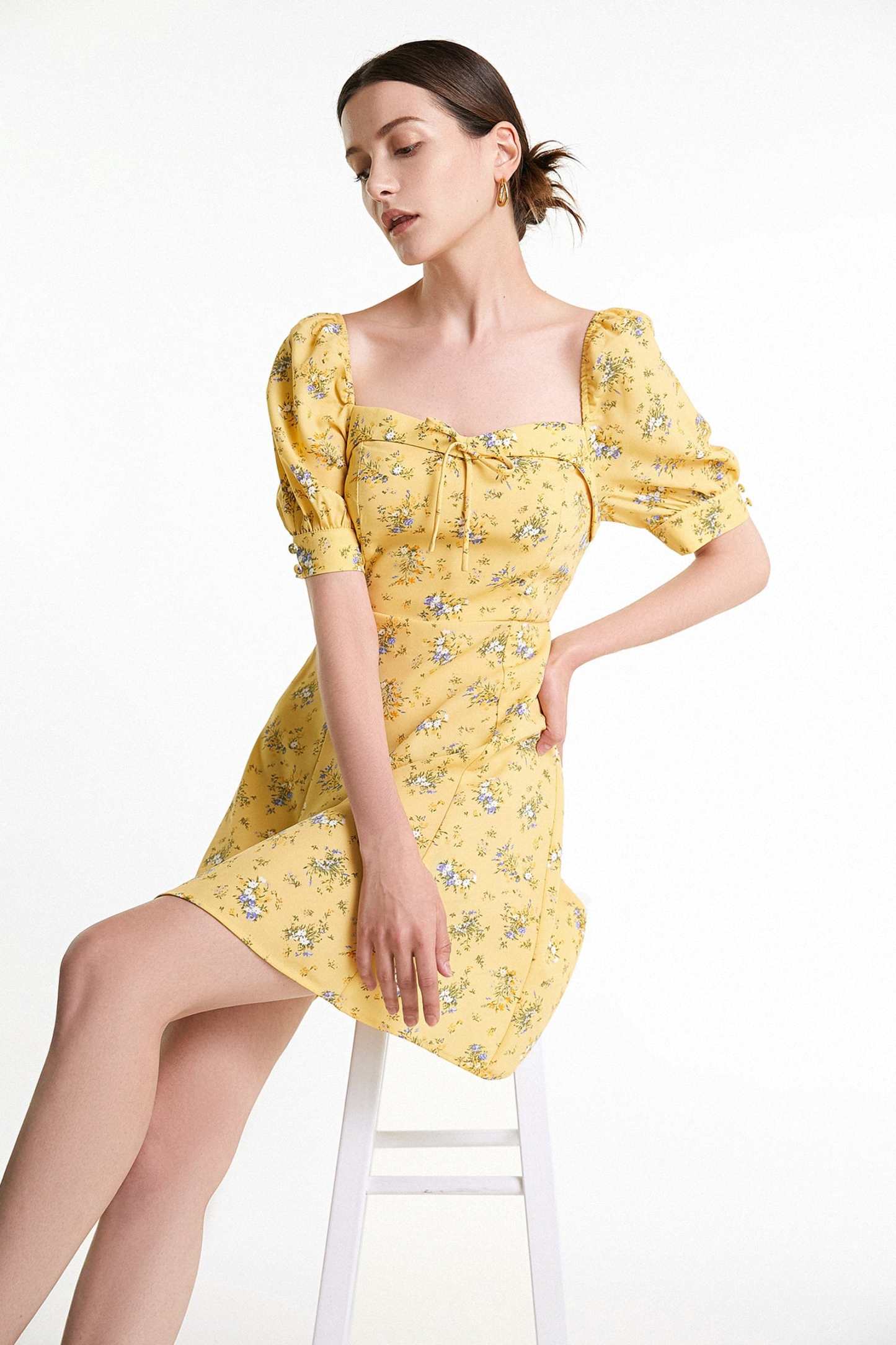 Yellow Floral Print Smocked Tiered Hem Mini Dress