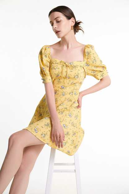 Yellow Floral Print Smocked Tiered Hem Mini Dress