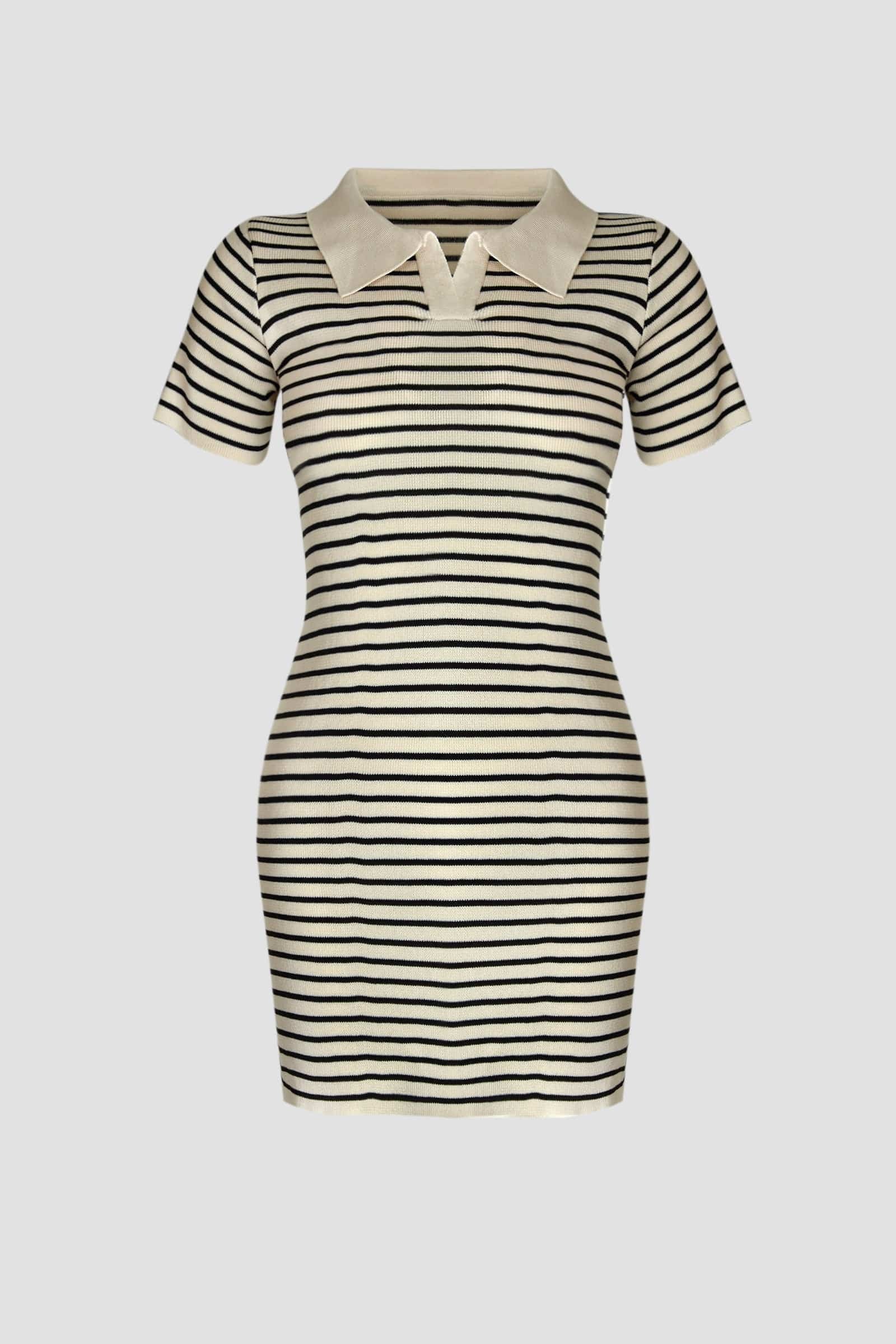 Black Striped Knitted Polo Mini Dress